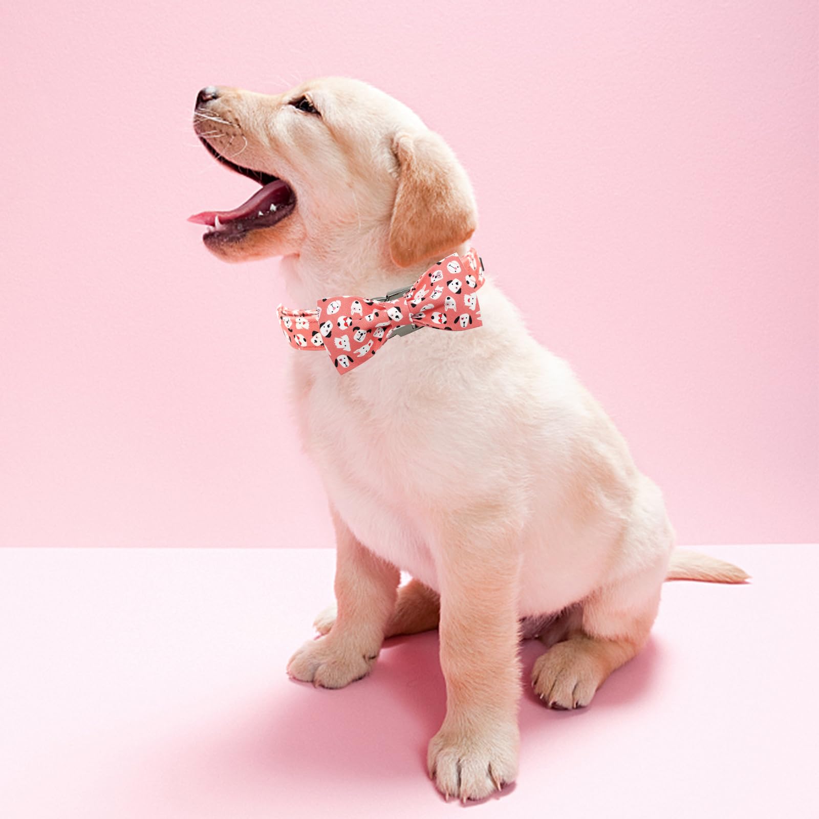 Elegant Little Tail Dog Collar With Bow Tie - Cute Heart Print Pink Pet Collar for Boys and Girls - Adjustable Bowtie for Large