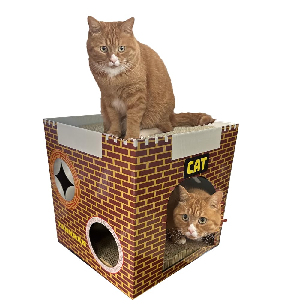 Tannran Cardboard Cat House With 2 Story Scratch Pads,Cat Play House For Indoor Toy, Scratch And Grind Claws, 12.5X12.5X12.5 Inc