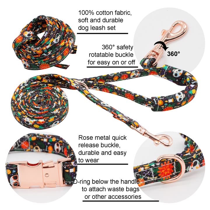 Hilkycton Dog Collar And Leash Set With Flower Bow Tie Girls Dog Collar Metal Buckle Adjustable For Small Medium Large Dogs Skul