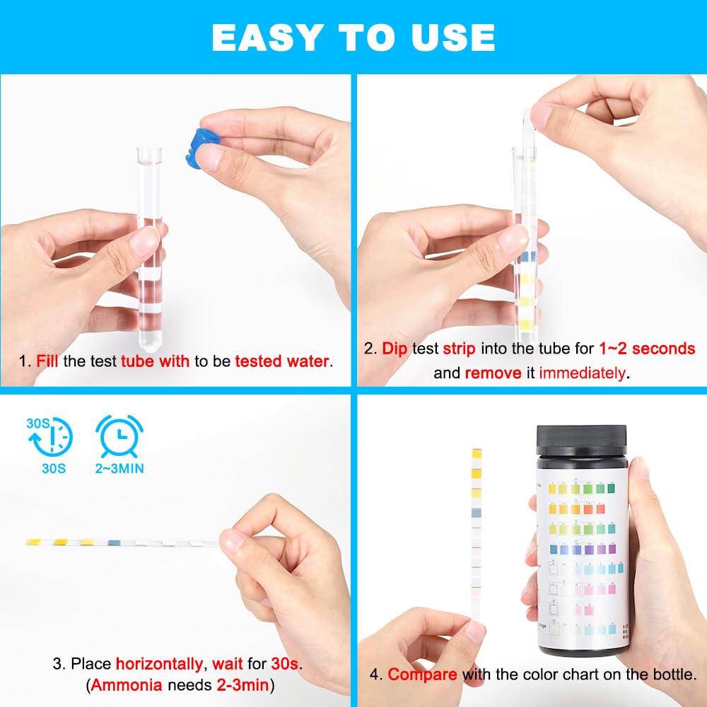 Datoo 8 In 1 Aquarium Test Kit Fish Tank Test Strips Accurate Water Quality Testing Strips For Ammonia Ph Total Alkalinity Carbonate Hardness Free Chlorine Nitrate Nitrite Temperature (100 Strips)