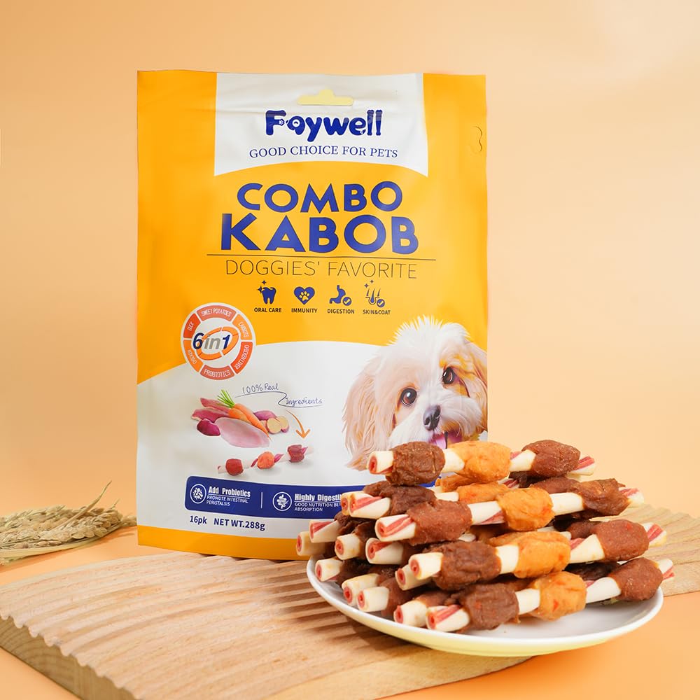 FAYWELL - Combo Kabob Dog Natural Treats, Rich in Protein & Vitamins & Probiotics, Supports Oral Health, Digestible (16pk/288g)
