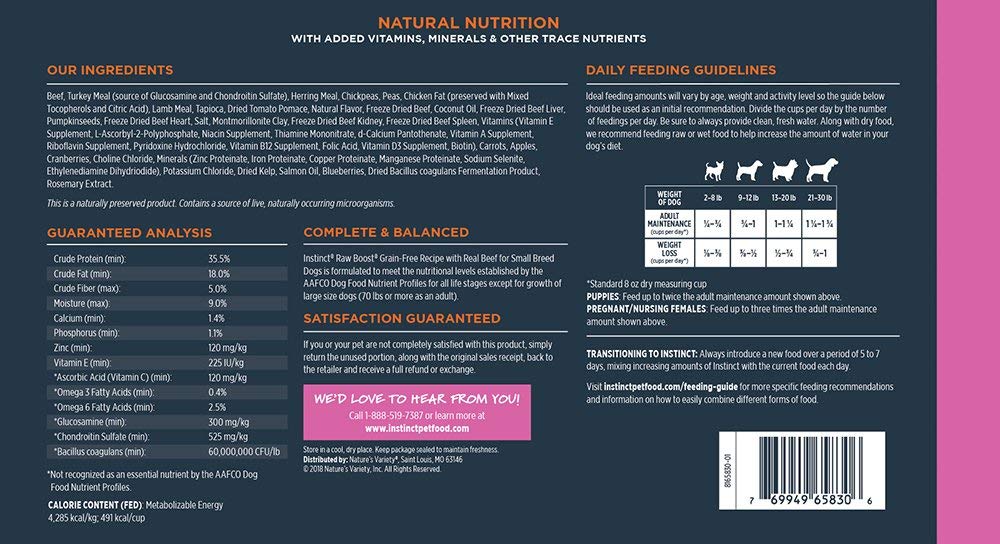 Instinct Raw Boost Small Breed, Natural Dry Dog Food with Freeze Dried Pieces, High Protein, Grain Free Recipe - Real Beef, 10 l