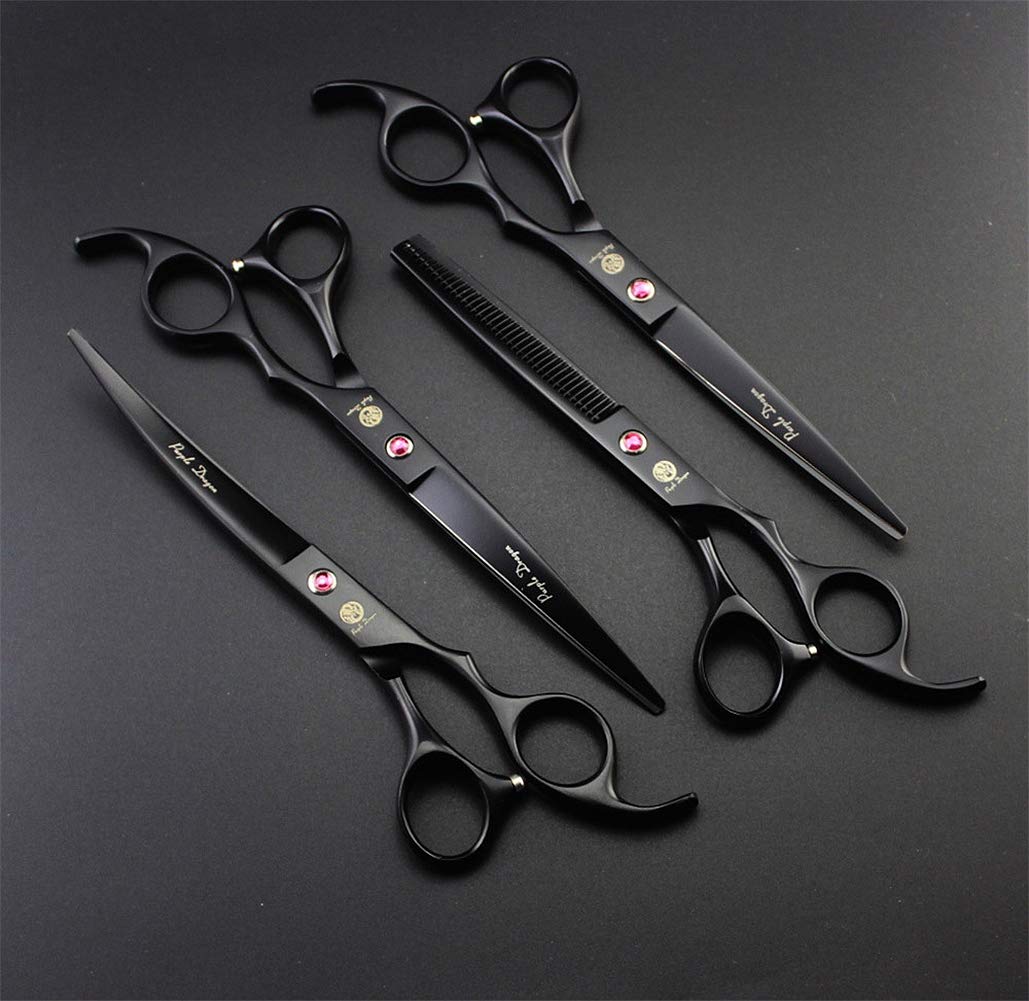 Purple Dragon Professional 7.0 Inch 4Pcs Pet Grooming Scissors Kit Japan Premium Steel Straight & Curved & Thinning Blade Dog Hair Cutting Shears Set With Case