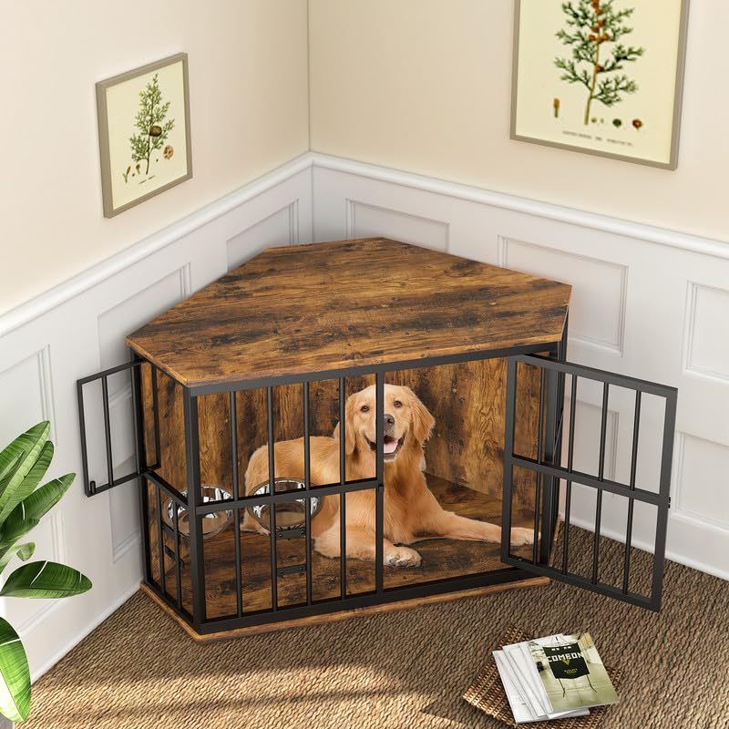 ROOMTEC 42 inch Furniture Dog Crate Corner, Dog Kennel Corner Wooden End Table with Bowl, Indoor Pet Crates Corner Side Table fo