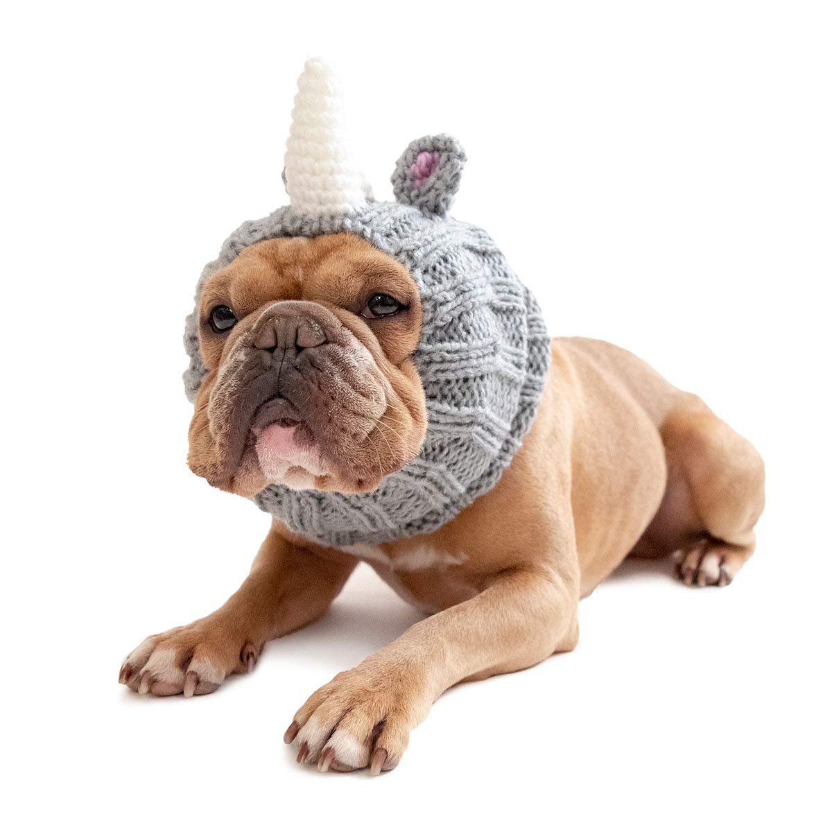 Zoo Snoods Rhino Costume for Dogs and Cats, Medium - Warm No Flap Ear Wrap Hood for Pets, Dog Outfit with Horn for Winters, Hall
