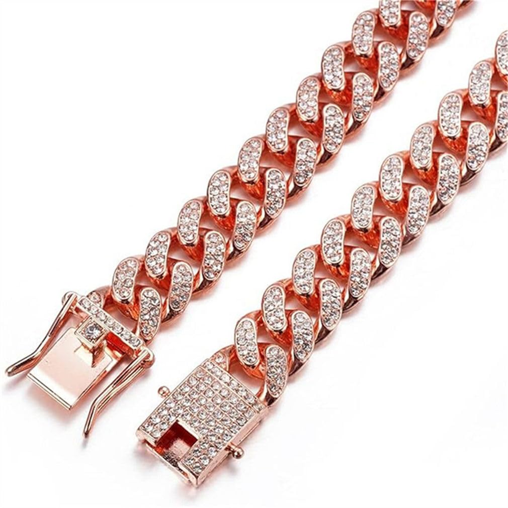 Rose Gold Chain Dog Collars For Medium Dogs, Glitter Rhinestone Sparkly Diamond Metal Bling Cuban Link Dog Necklace For Small Me