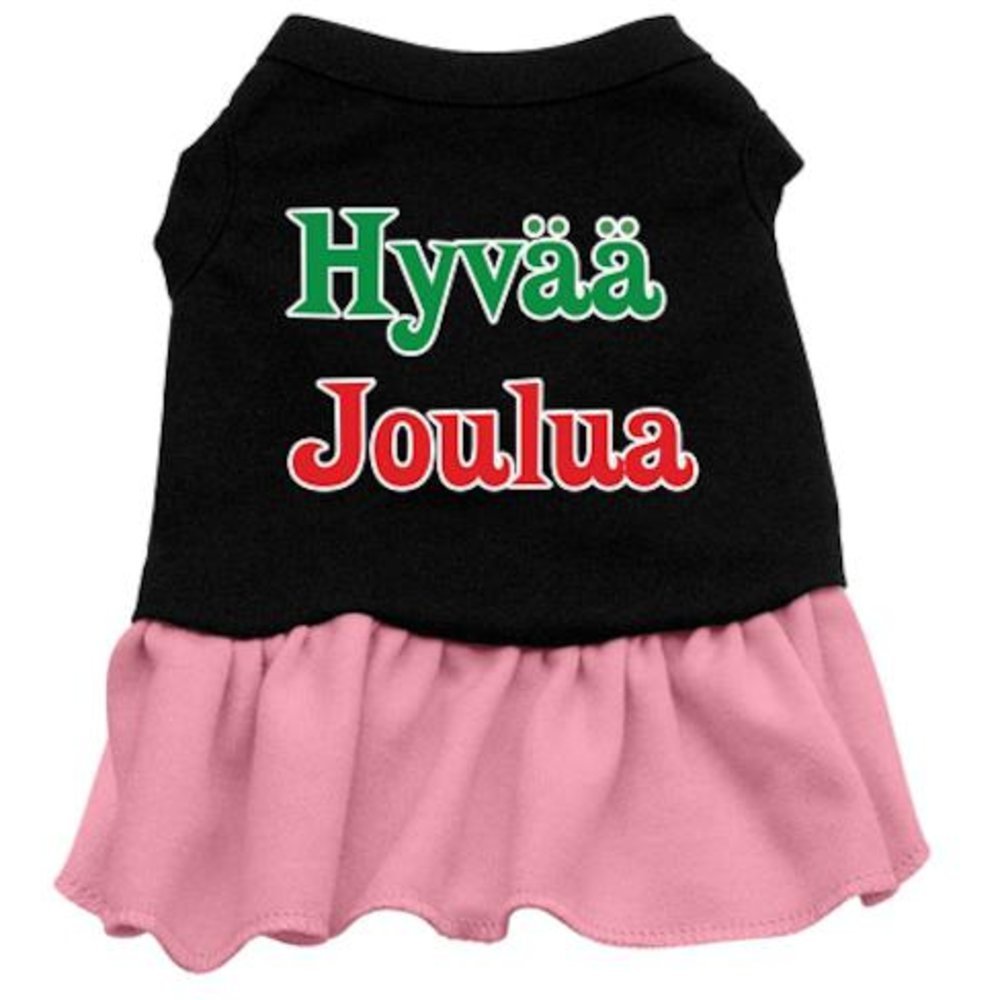 Christmas Pet Dog & Cat Dress Screen Printed, &quot;Hyvaa Joulua&quot; Black W/Light Pink XS (0-3 lbs.)