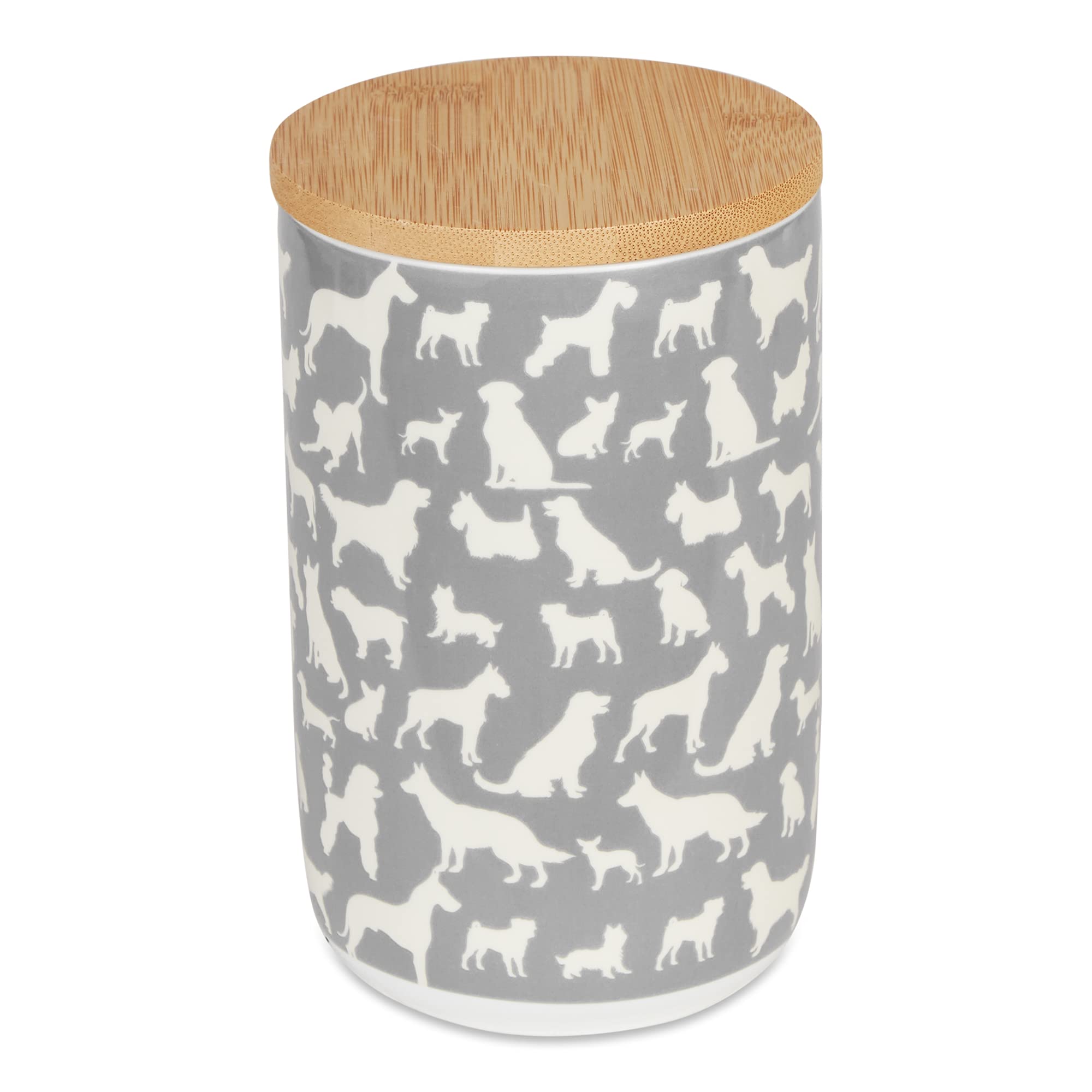 Bone Dry Ceramic Treat Jar for Cats and Dogs, Bamboo Lid, Dishwasher Safe Canister, 4x6.5, Gray, Dog Treats