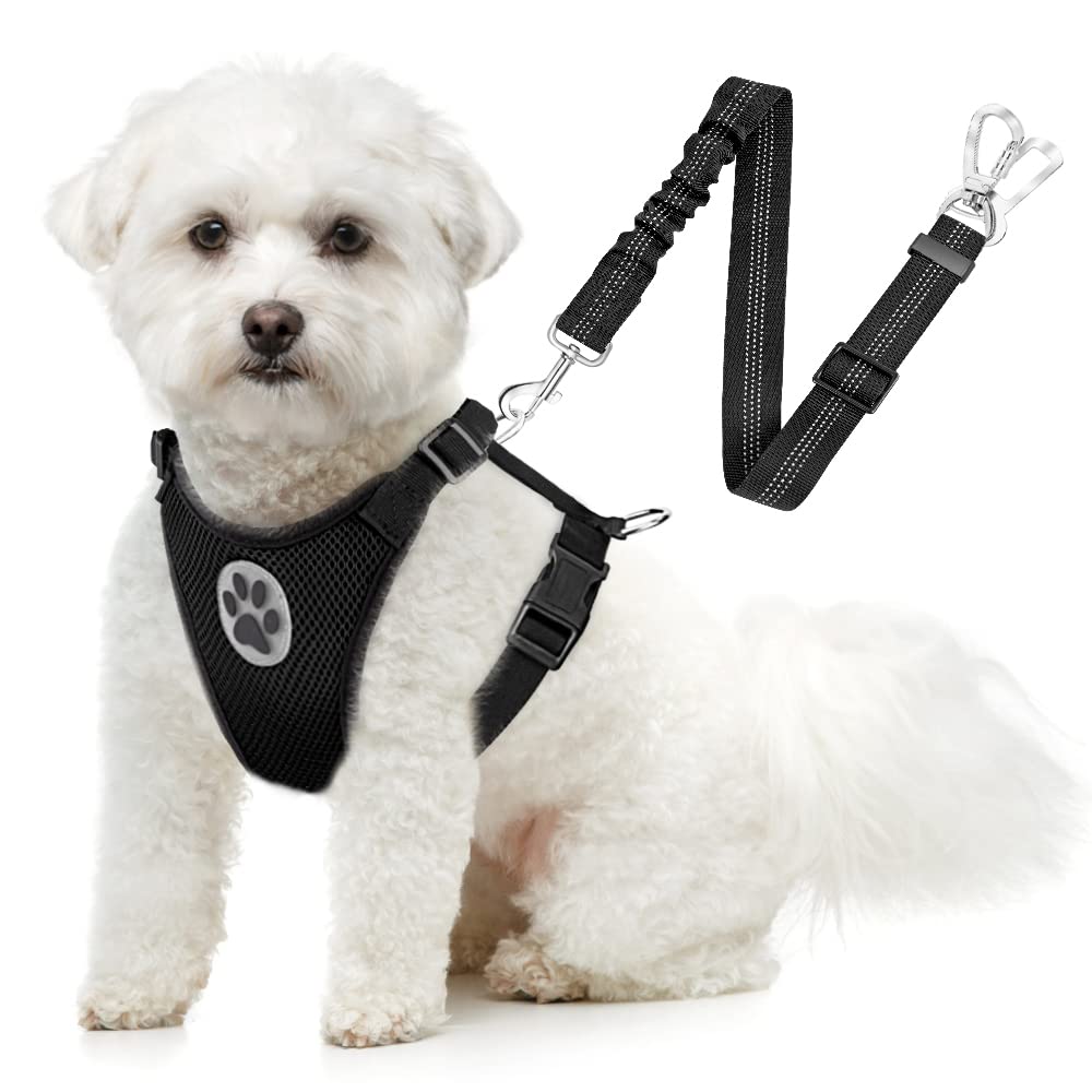Slowton Dog Car Harness Seatbelt Set, Dog Vest Harness Adjustable Mesh Breathable & Vehicle Safety Seat Belt Tether With Elastic Bungee For Small Medium Large Pets(Pi,Xxxs)