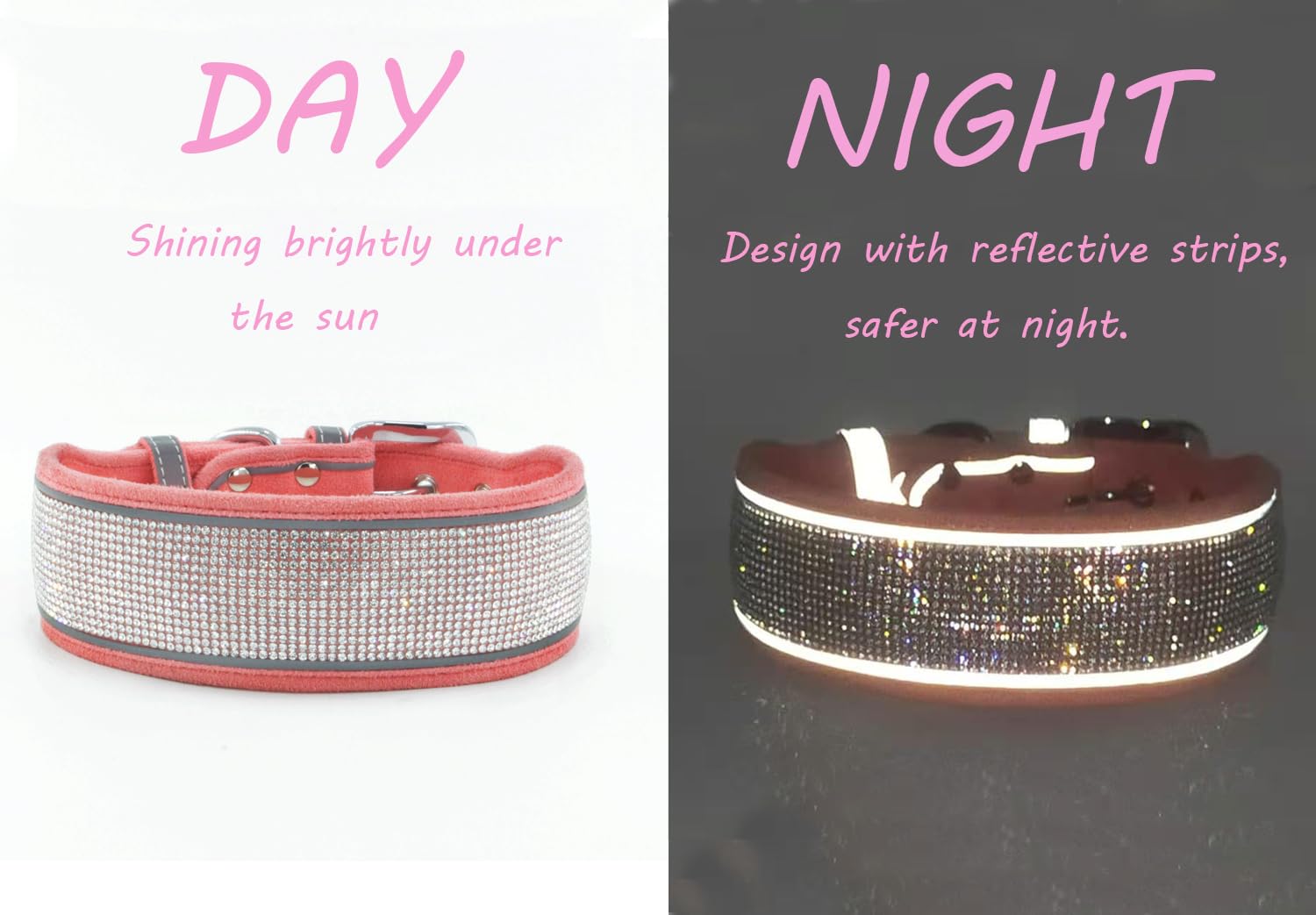 Kawagogo Bling Diamond Dog Collar For Females Girls,Soft Velvet Leather With Fancy Sparkly Crystal Rhinestones,Reflective Stripe