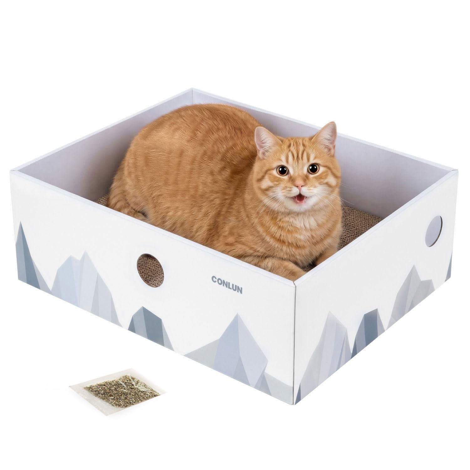 Conlun Cat Scratcher Box with 3-Layer Corrugated Pad, Heavy-Duty Double-Sided Cardboard Scratching Board & Bed, Checkered Design