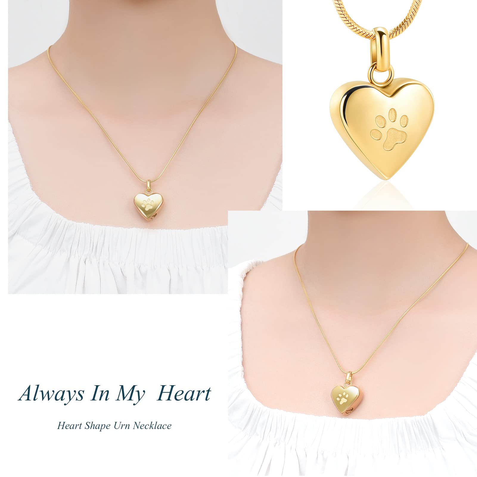 Zeqingjw Pet Cremation Jewelry For Ashes Pendant Paw Print Pet Heart Urn Necklace Memorial Keepsake Jewelry For Pet/Dog'S/Cat'S Ashes (Gold)