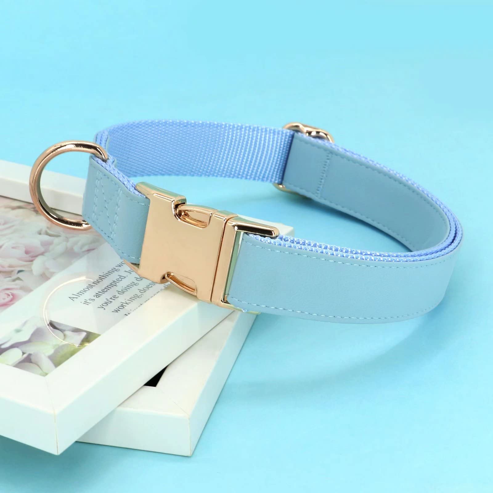 Pet Artist Charming Nylon Dog Collar With Leather Adjustable Soft Elegant Nylon Collars For Dogs Small Medium Large 4 Solid Color For Choosing Blue Red Brown Grey (Blue,Neck Fit 9-14'')