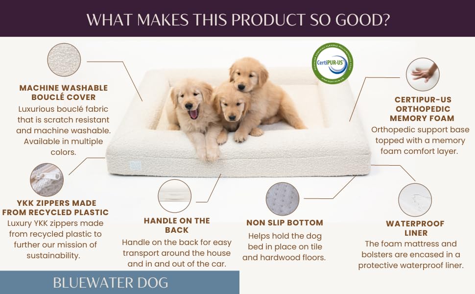 Bluewater Dog Luxury Boucle Orthopedic Memory Foam Dog Bed With Waterproof Liner And Machine Washable Cover With Ykk Zippers (X-