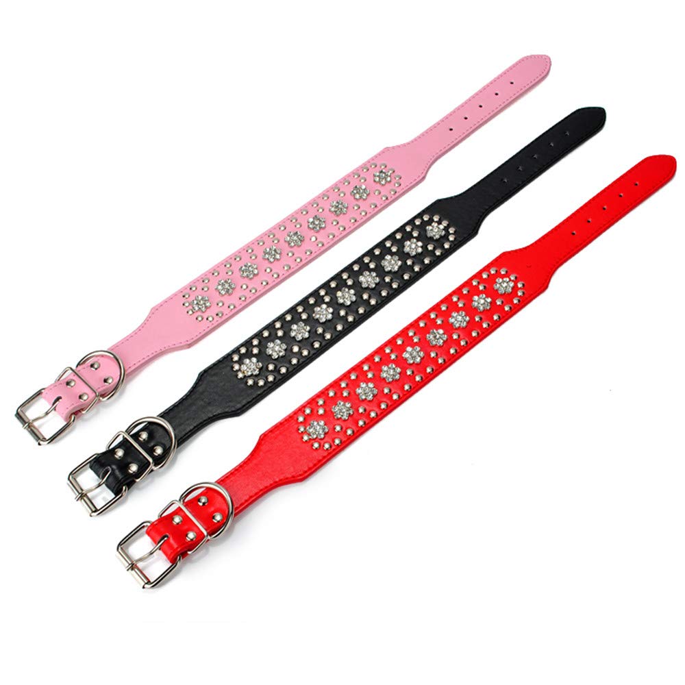Haoyueer Rhinestones Dog Collars Flower Pattern Rhinestone Studded Leather Sparkly Crystal Diamonds Dazzling Sparkling Elegant Fancy Pu Leather Dog Collar For Medium & Large Dogs(Red,M)