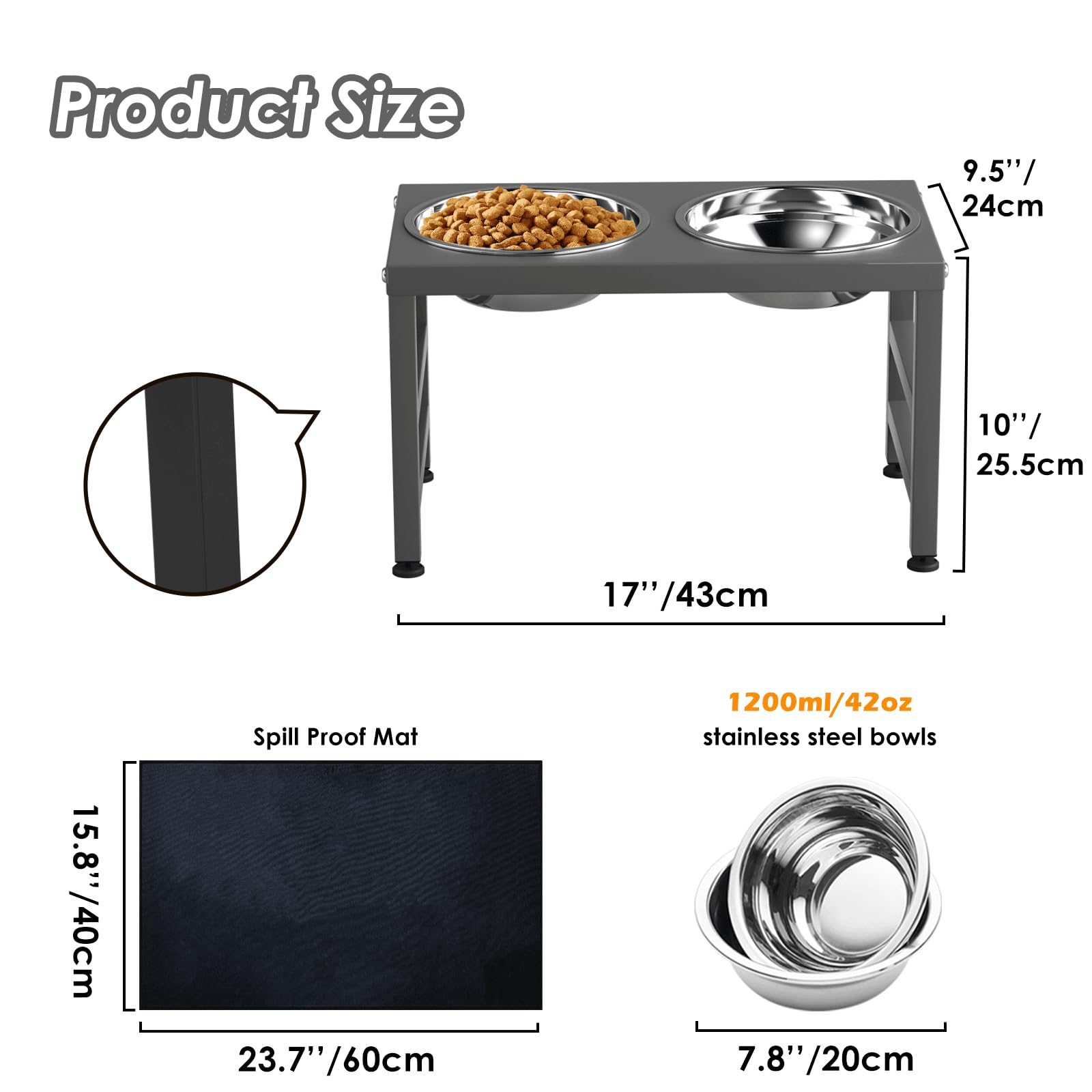 Adengl Metal Raised Dog Bowl For Large & Medium Bread, 10'' Tall Elevate Dog Feeder Stand With 2 Stainless Steel 42Oz Bowls & 16