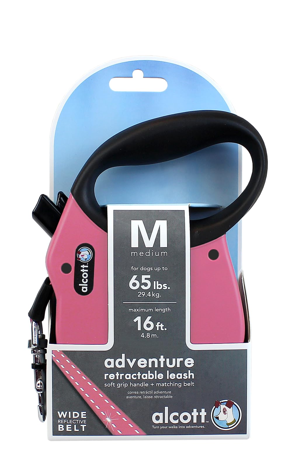 Alcott Adventure Retractable Reflective Belt Leash, 16' Long, Medium For Dogs Up To 65 Lbs, Pink With Black Soft Grip Handle,Rls