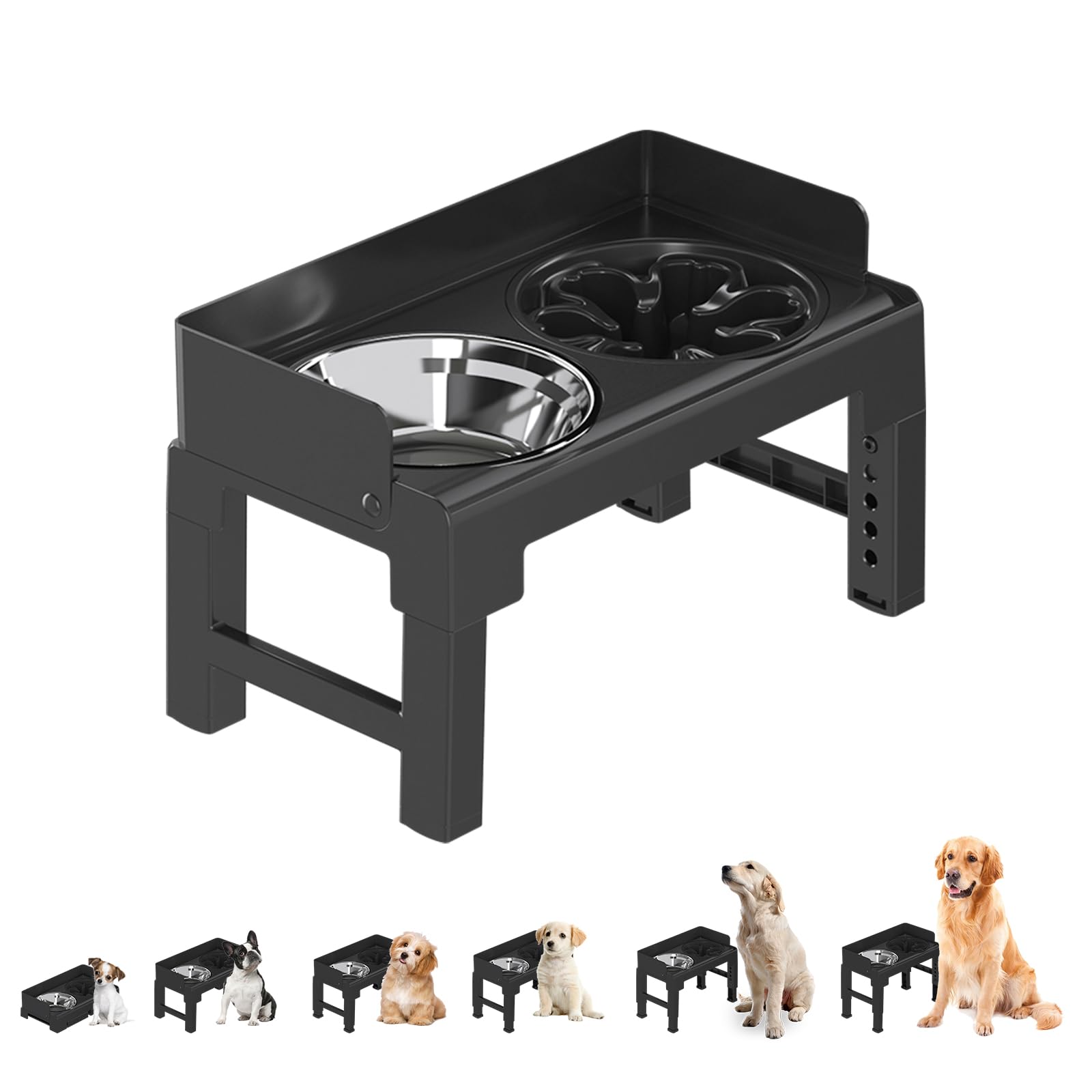 Pakeway Elevated Dog Bowls, Spill Proof, Tiltable Dog Feeder With 1 Stainless Steel Bowls &1 Slow Feeder, 6 Height Adjustable Ra