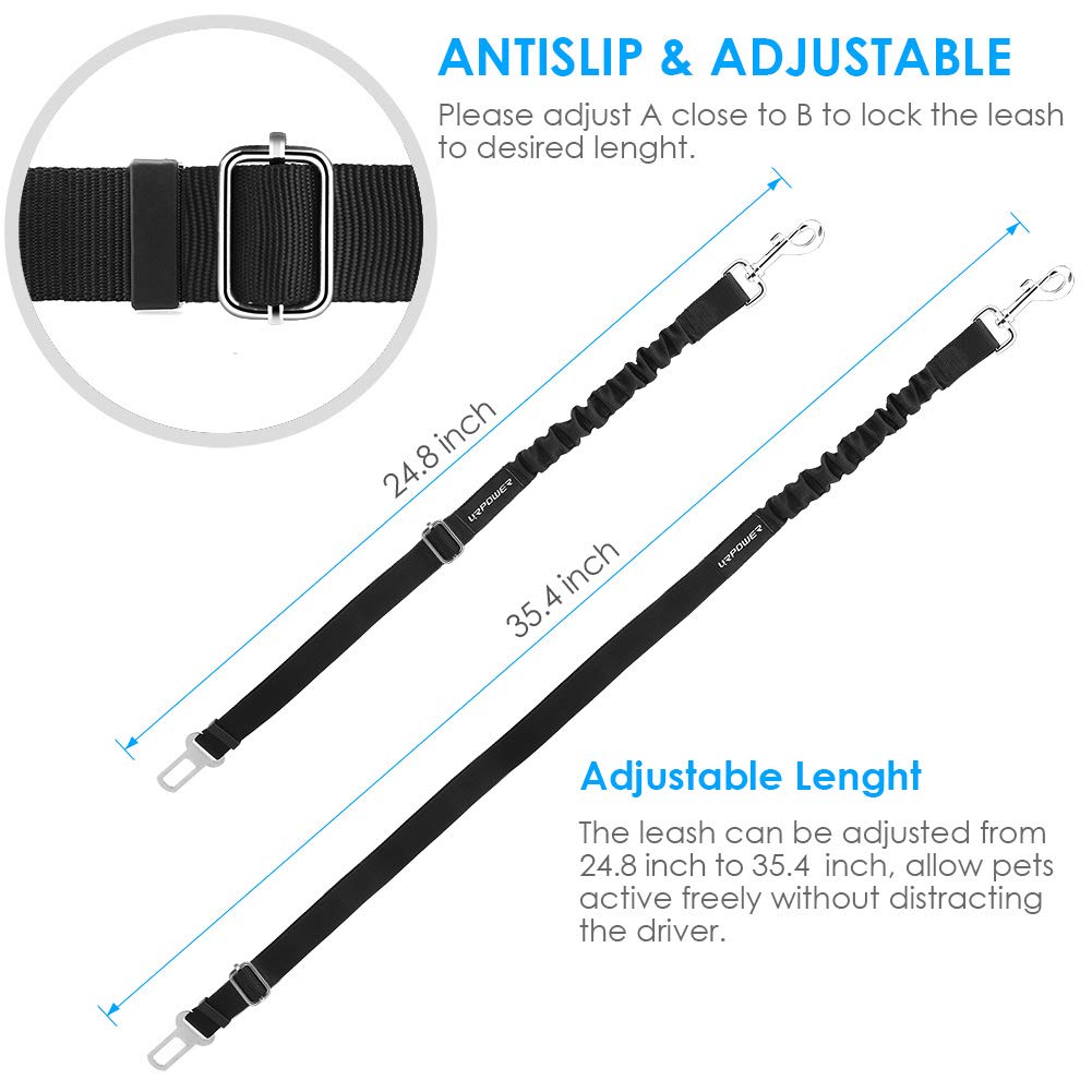 URPOWER 2 Pack Dog Seat Belt, Retractable Dog Car Harness Adjustable Pet Safety Belt with Elastic Bungee Buffer, Heavy Duty & Du