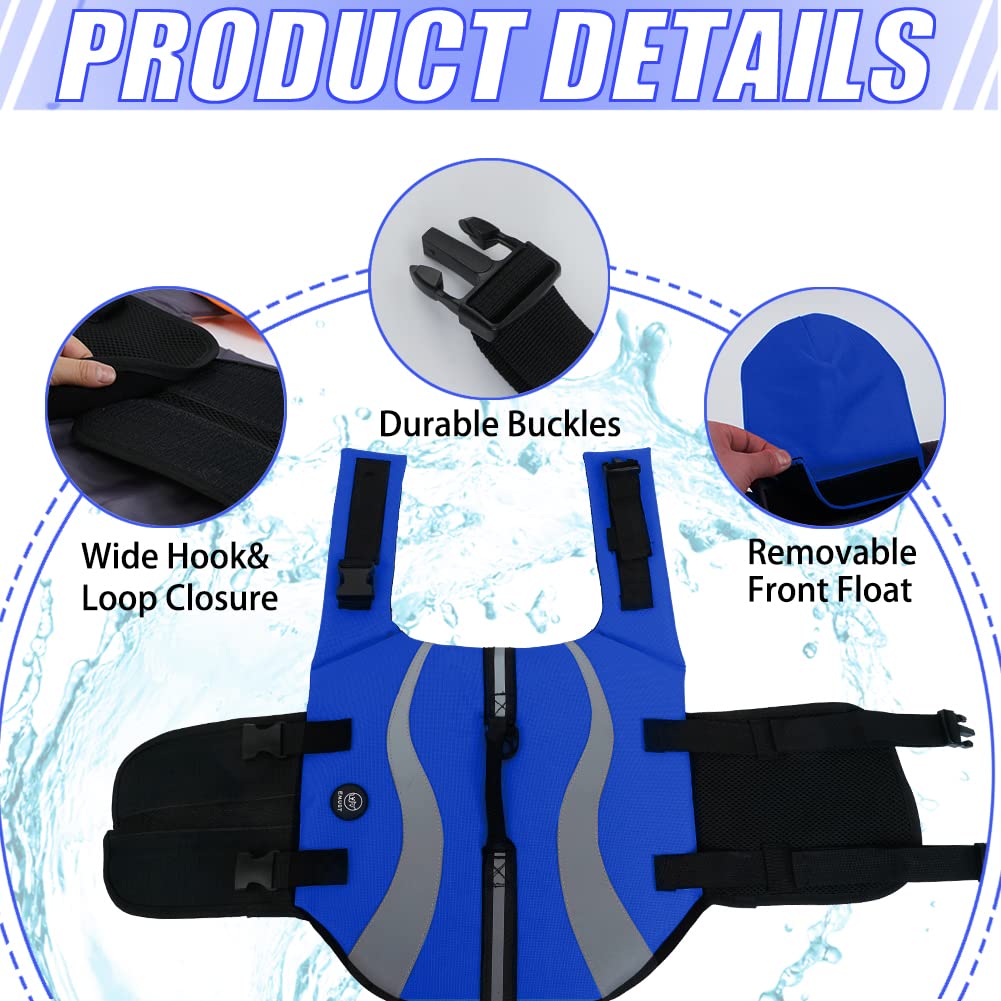 Emust Dog Life Vests, Adjustable Dog Life Jackets For Boat With Front Float, High Visibility Safety Swimsuit, Royal Blue, Medium