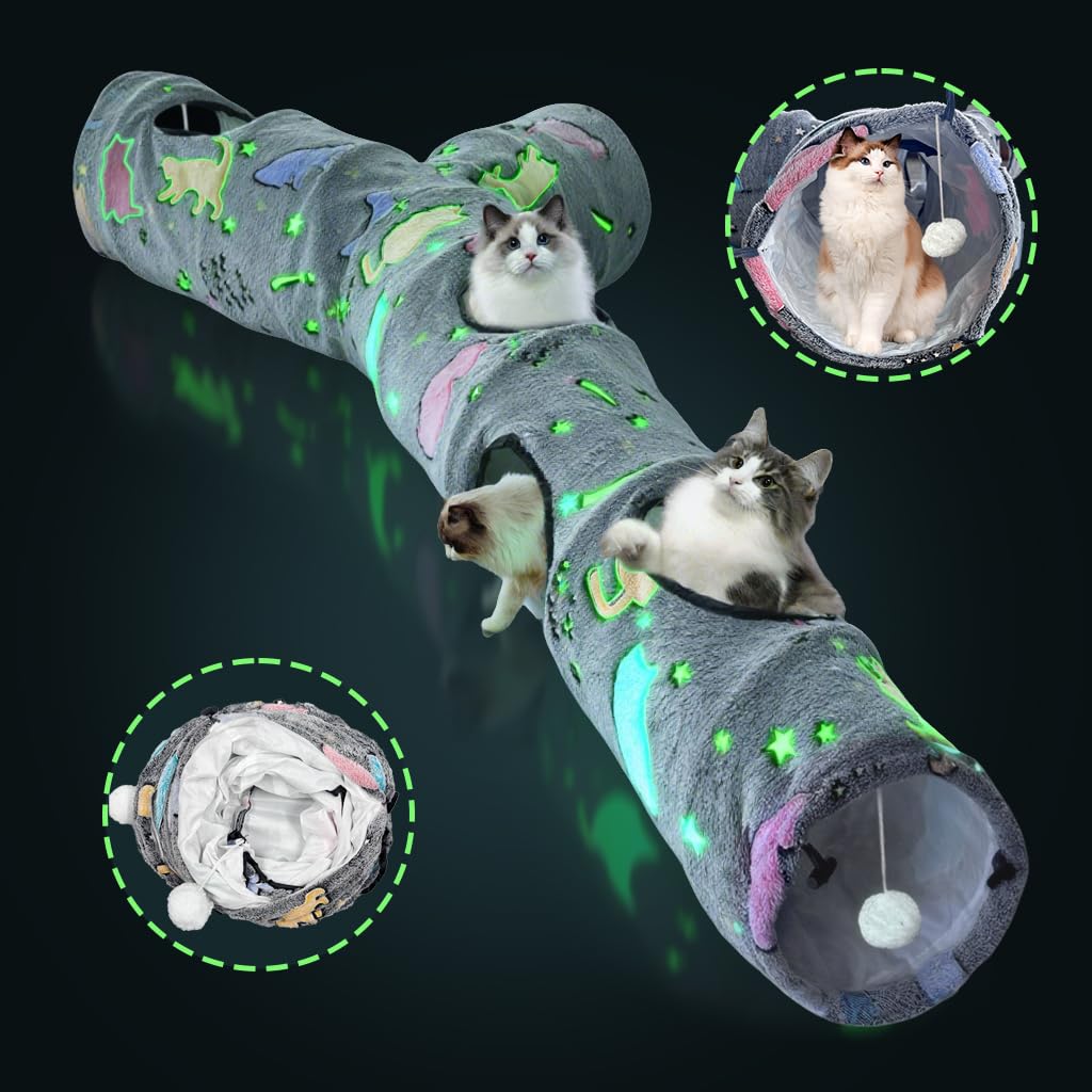 GRETMIX Cat Tunnels for Indoor Cats, Self-Luminous Cat Tunnel with Plush Ball, 3 Way Kitten Tunnel Collapsible, Cat Play Tunnel 