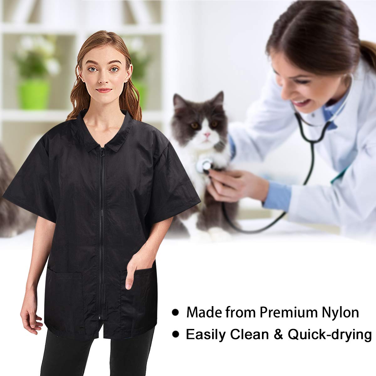 Noverlife Pet Grooming Workwear With Full Zipper, Xl Size, Anti-Static Pet Beautician Work Clothes, Lightweight Hair Repellent Shirt Style Pet Groomer Smock For Dog Cat Grooming Shop