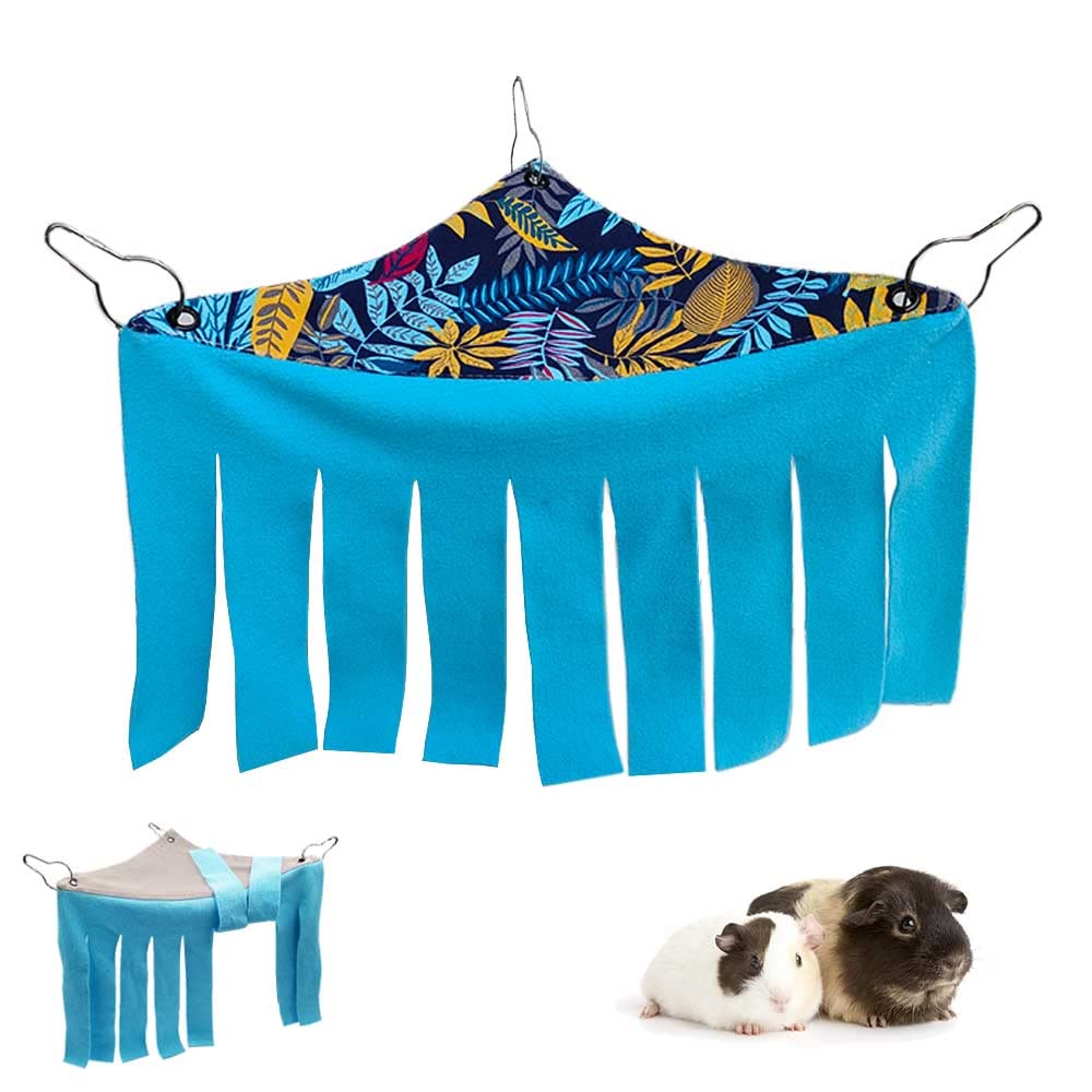 Rioussi Guinea Pig Hideout Hideaway Corner Fleece Toys Cage Accessories With Reversible Sides, Blue Leaves