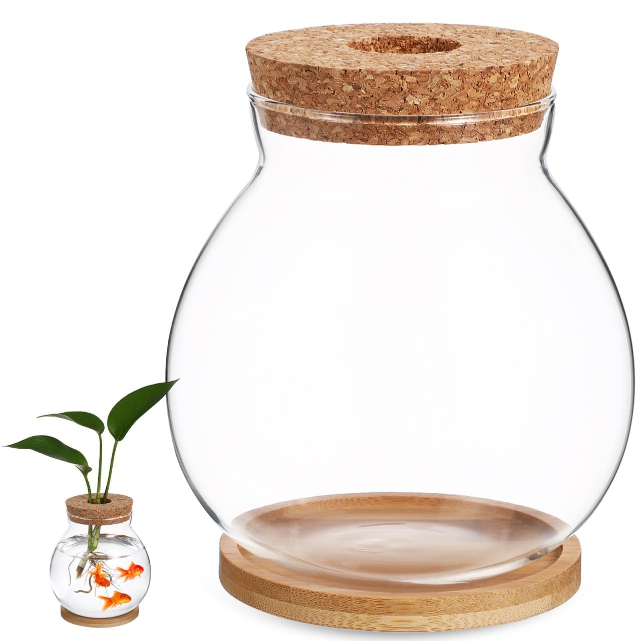 POPETPOP Desktop Glass Fish Bowl - Round Small Fish Tank with Wood Stopper & Bamboo Mat, Clear Glass Betta Fish Bowl for Succule
