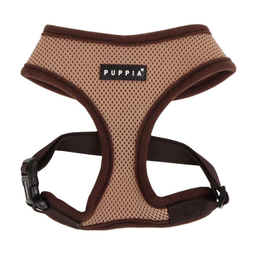 Puppia Soft Dog Harness No Choke Over-The-Head Triple Layered Breathable Mesh Adjustable Chest Belt and Quick-Release Buckle, Beige, Small -Like New