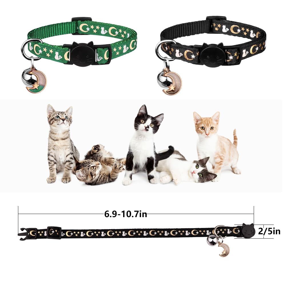 2Pcs Breakaway Cat Collars With Bell Cute Kitty Glow In The Dark Adjustable Kitten Collars(Deep Green&Black)