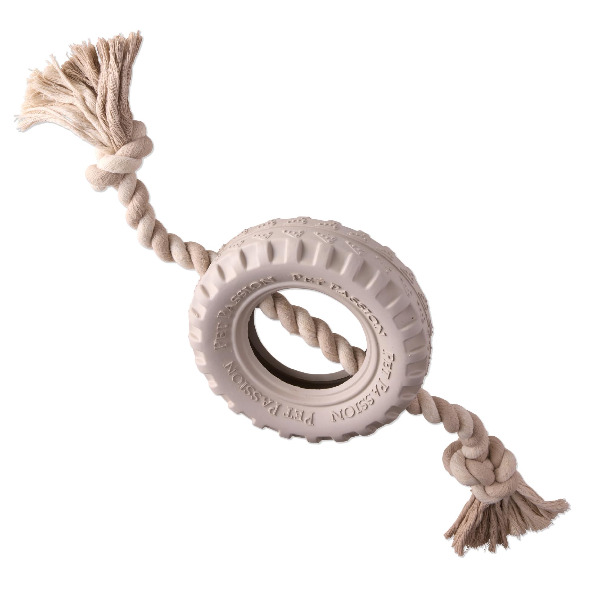Pet Passion Natural Rubber Tire and Organic Cotton Rope Pull and Chew Dog Toy for All Pet Breeds, Almond Milk, Medium
