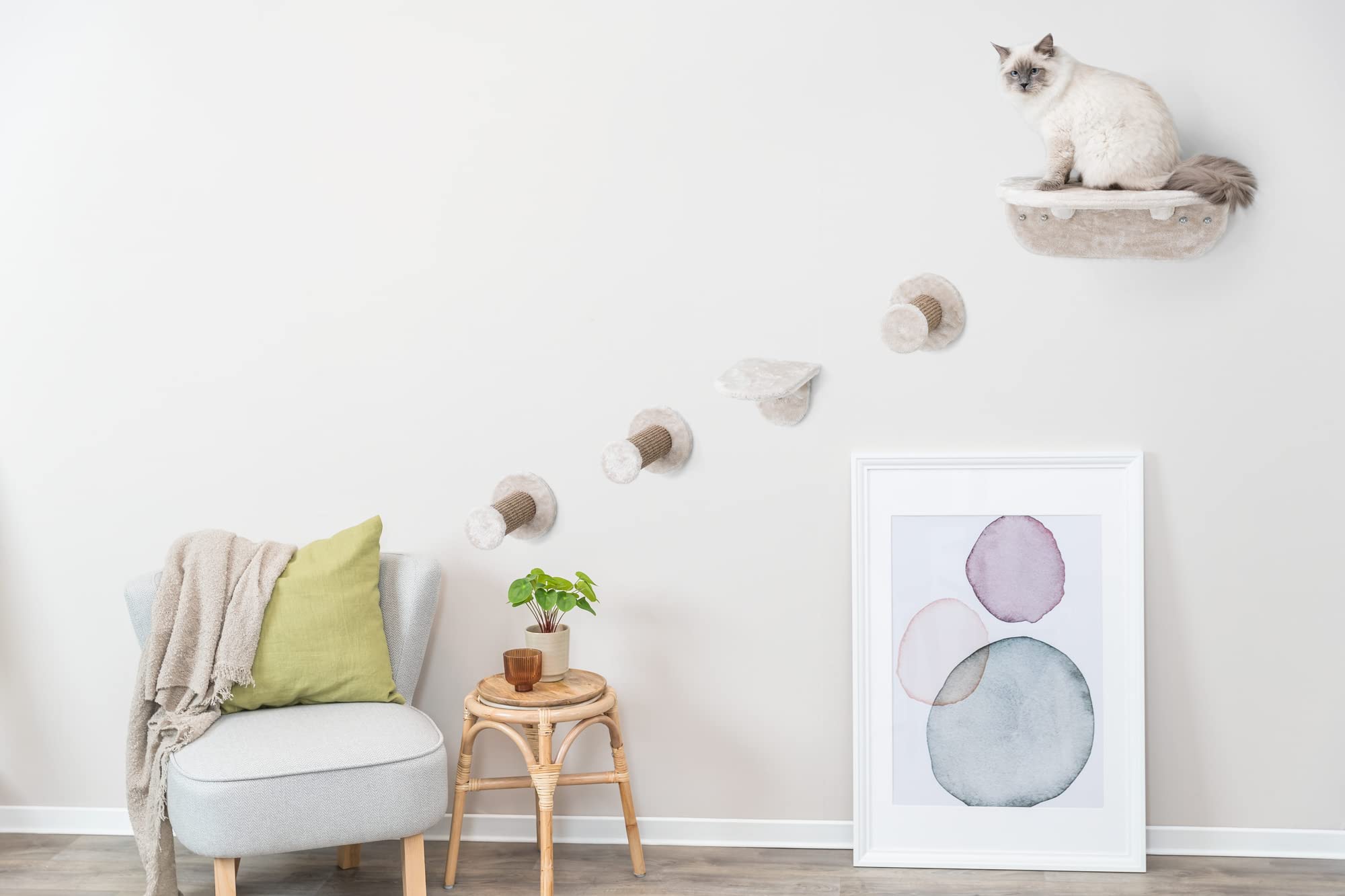 Trixie Lookout Wall Mount Cat Lounge 5Pc Set, 2 Platforms And 3 Steps, Scratching Post, Brown