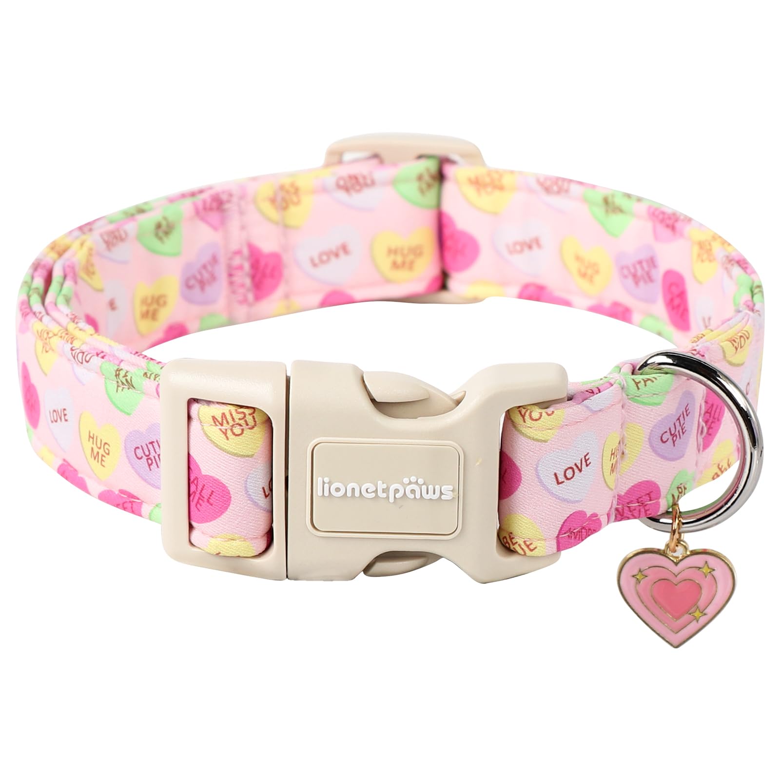 Lionet Paws Valentine'S Dog Collar- Cute Pink Sweet Heart Dog Collars With Plastic Buckle, Light Adjustable Dog Collars For Medi