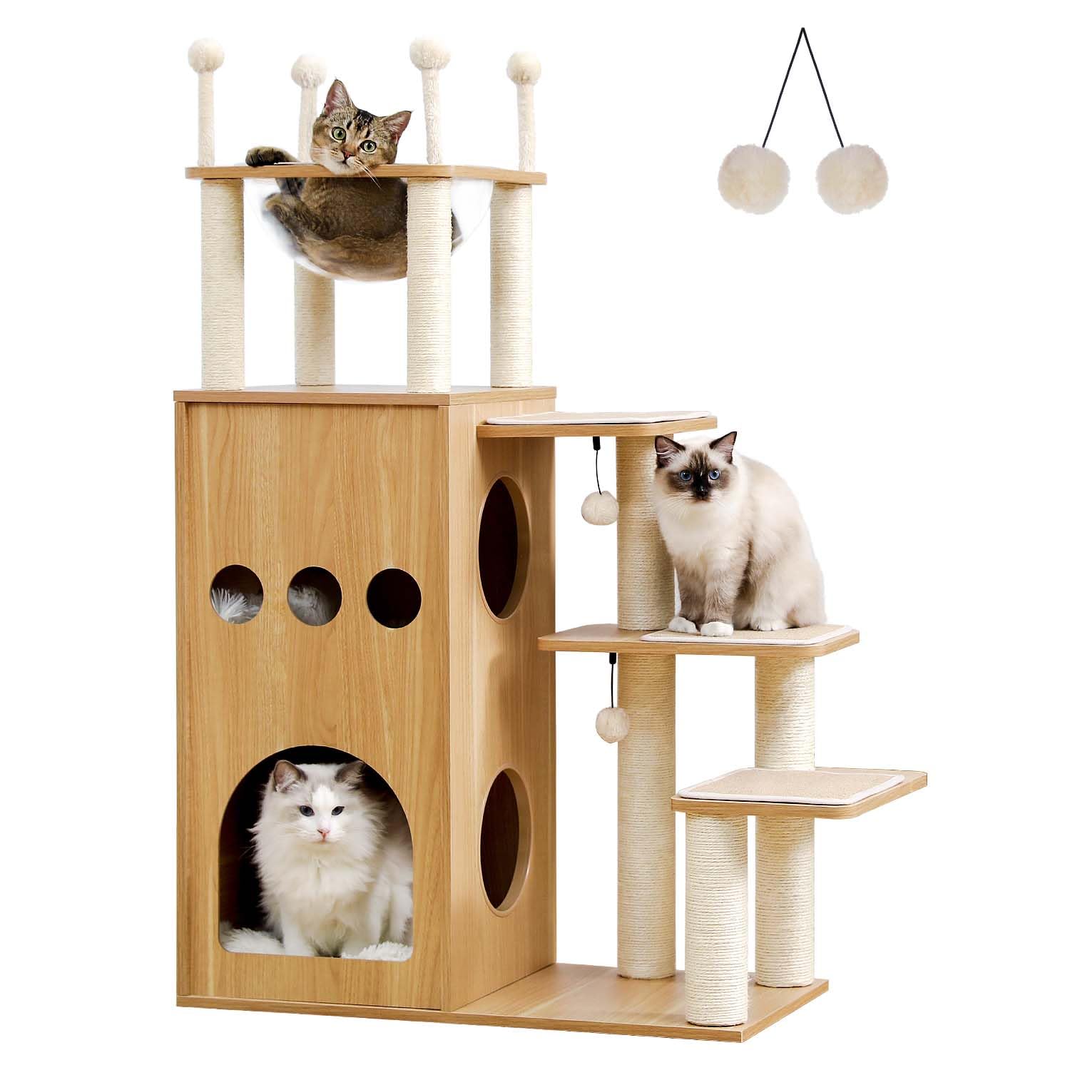 Muttros Wooden Cat Tree, 50'' Modern Cat Tower With 2-Floor Condo, Cat Furniture Sisal Scratching Posts, Capsule Nest And Dangli