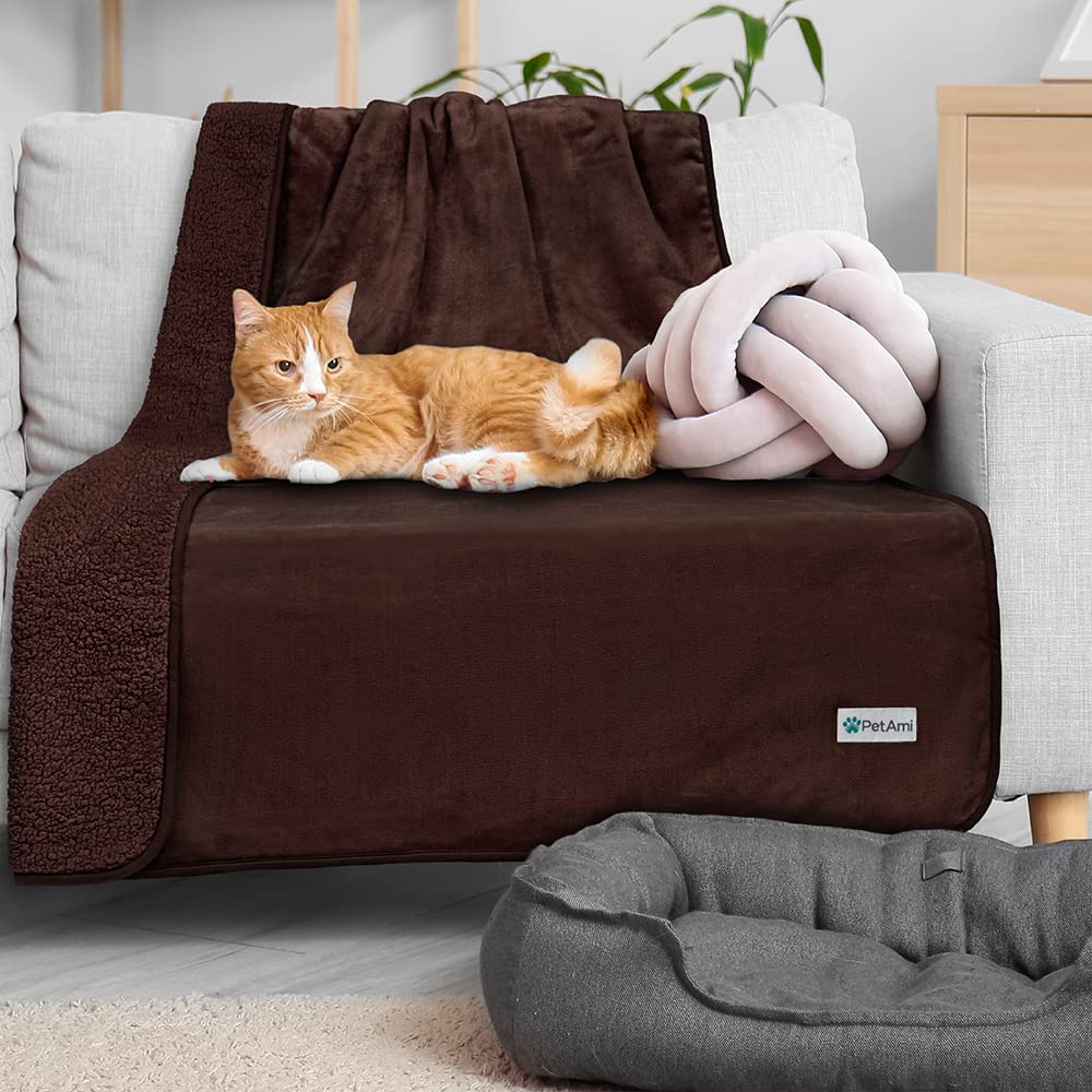Petami Waterproof Dog Blanket For Large Giant Dogs, Pee Proof Pet Blanket Sherpa Fleece Crate Cover, Reversible Cat Throw Bed Kennel Protector, Soft Plush Washable Pad (Queen 90X90, Brown)