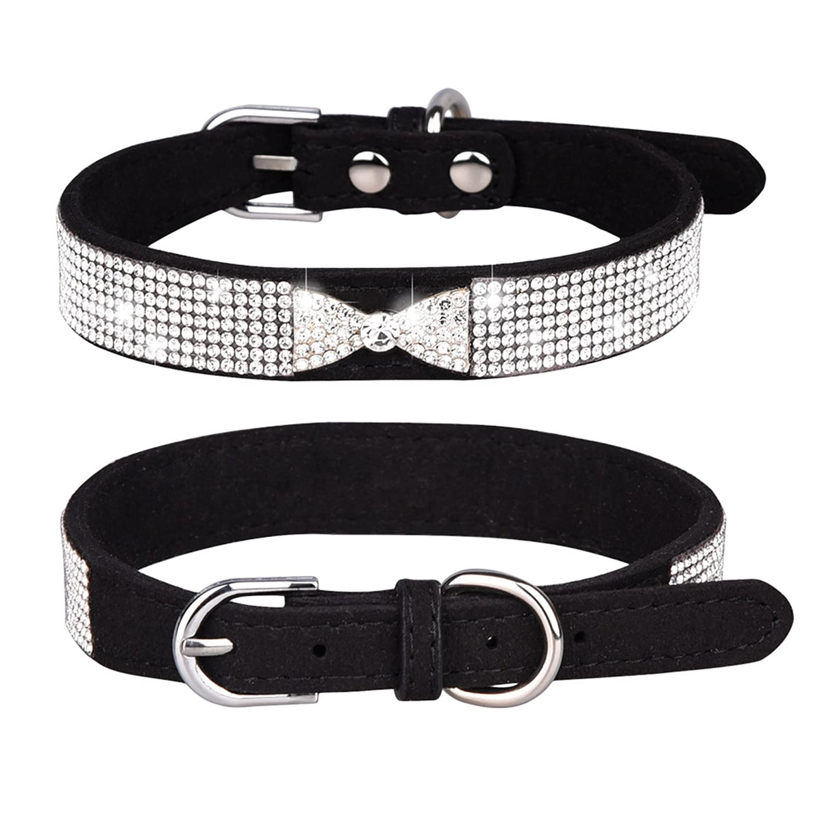 Pimaodog Rhinestone Dog Collar, Cute Dazzling Sparkling Soft Suede Leather Adjustable Pet Dog Cat Collar Crystal Diamond For Puppy Small Medium Large Dogs (L:38-46Cm, Black-3)