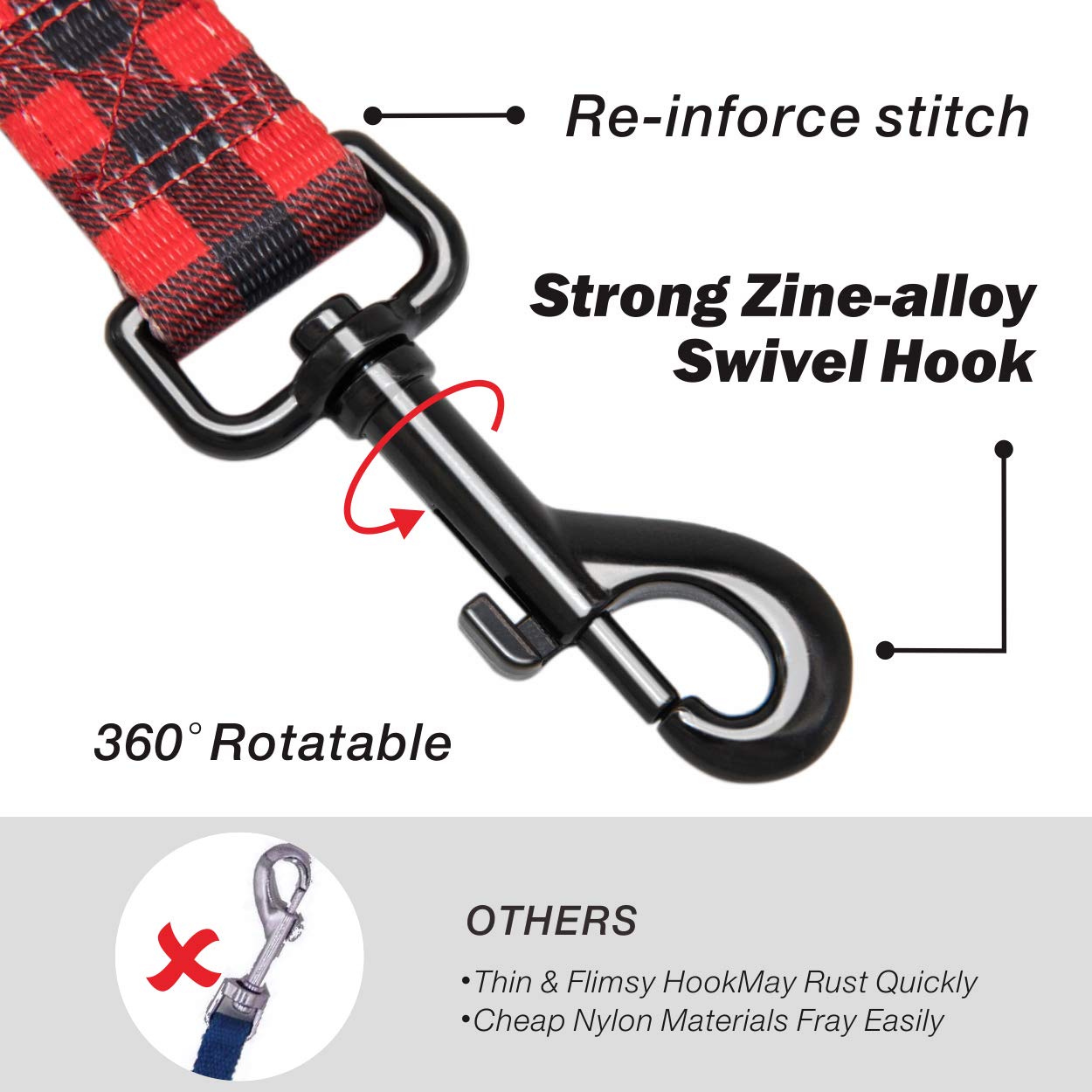 Poypet 5 Feet Dog Leash - 2 Cushioned Handles - Functional Car Seat Belt - Fashionable Pattern, Buffalo Plaid(Checkered Red, L)