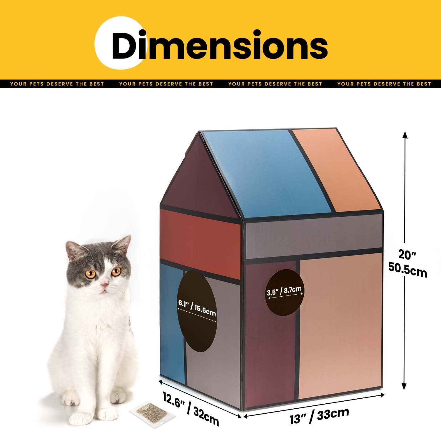 Conlun Cardboard Cat House with Scratch Pad & Catnip, Cat Play Scratching House for Indoor Hideaway Furniture, Heavy Duty Sturdy