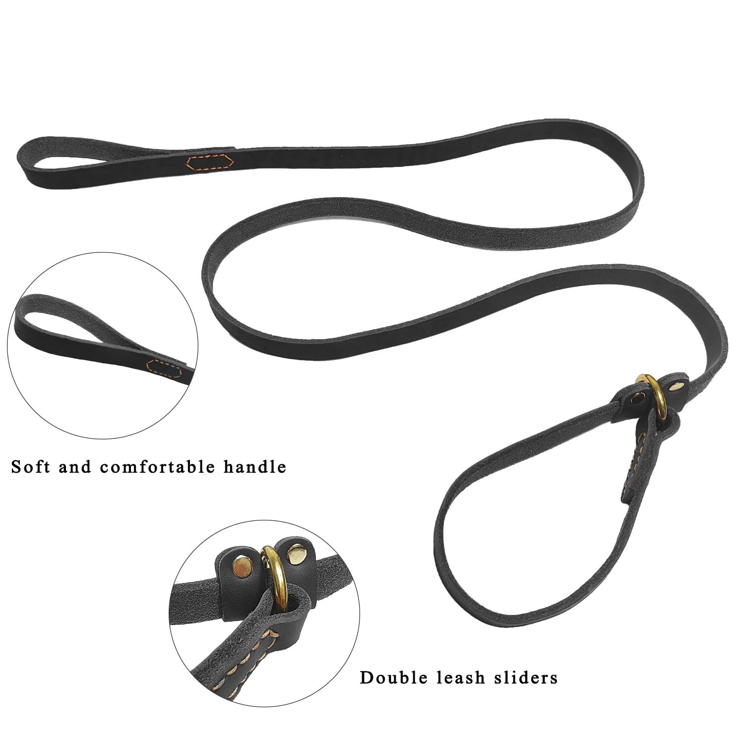 Lwbmg 5.6Ft Leather Dog Leash, Real Leather Slip Lead, Soft Adjustable Dog Training Leash For Small To Large Dogs - Black