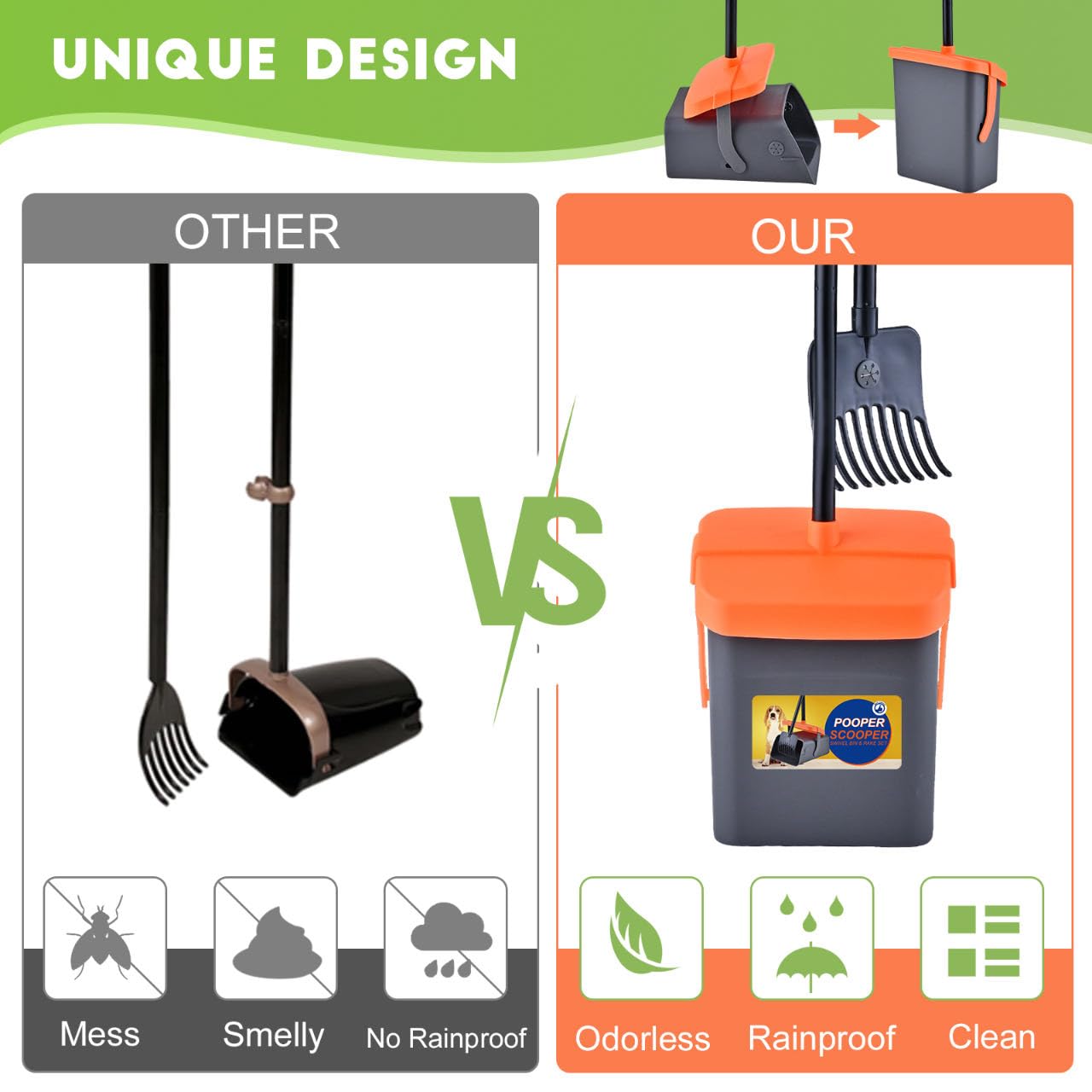 Ilongood Pooper Scooper Swivel Bin & Rake Kit With 55 Waste Bags, 46'' Long Handle Adjustable Portable Non-Breakable Dog Pooper