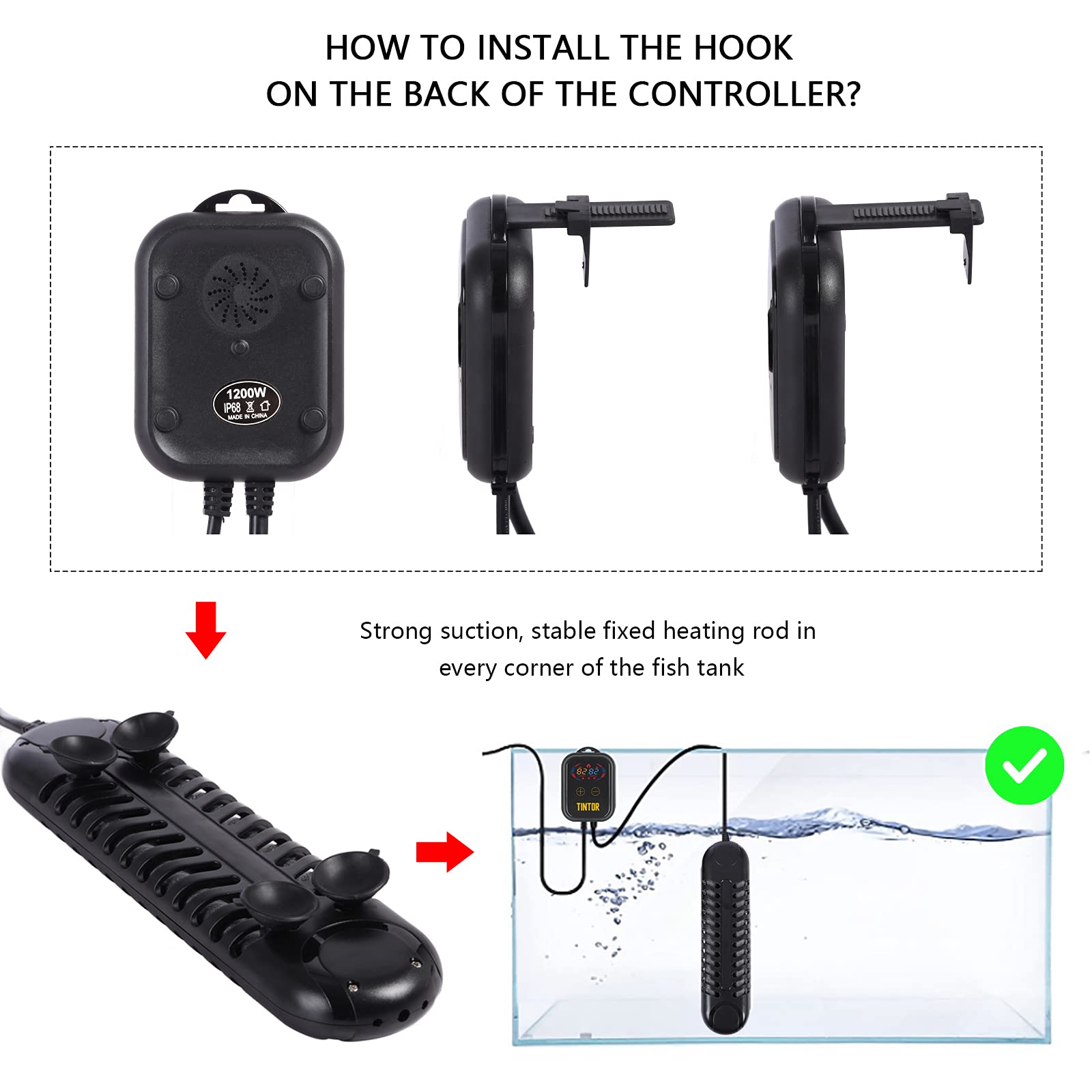 Tintor Submersible Aquarium Heater, 800W/1200W Fish Tank Heater, Double Tube Heating, Rapid Heating And Energy Saving, Led Digital Temperature Controller, Suitable For Sea Water And Fresh Water(800)