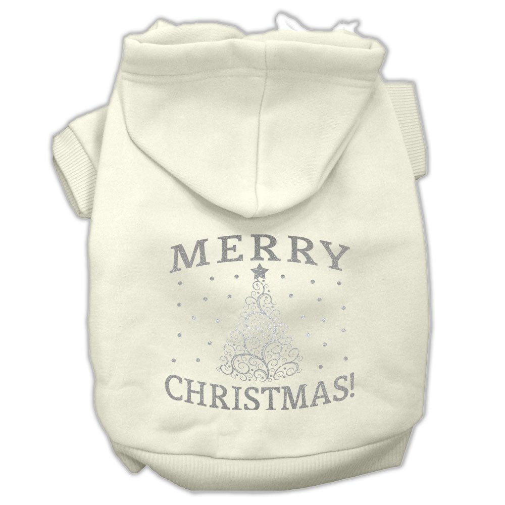 Christmas Pet Dog & Cat Hoodie Screen Printed, 'Shimmer Christmas Tree' Cream Lg (10-14 Lbs.)