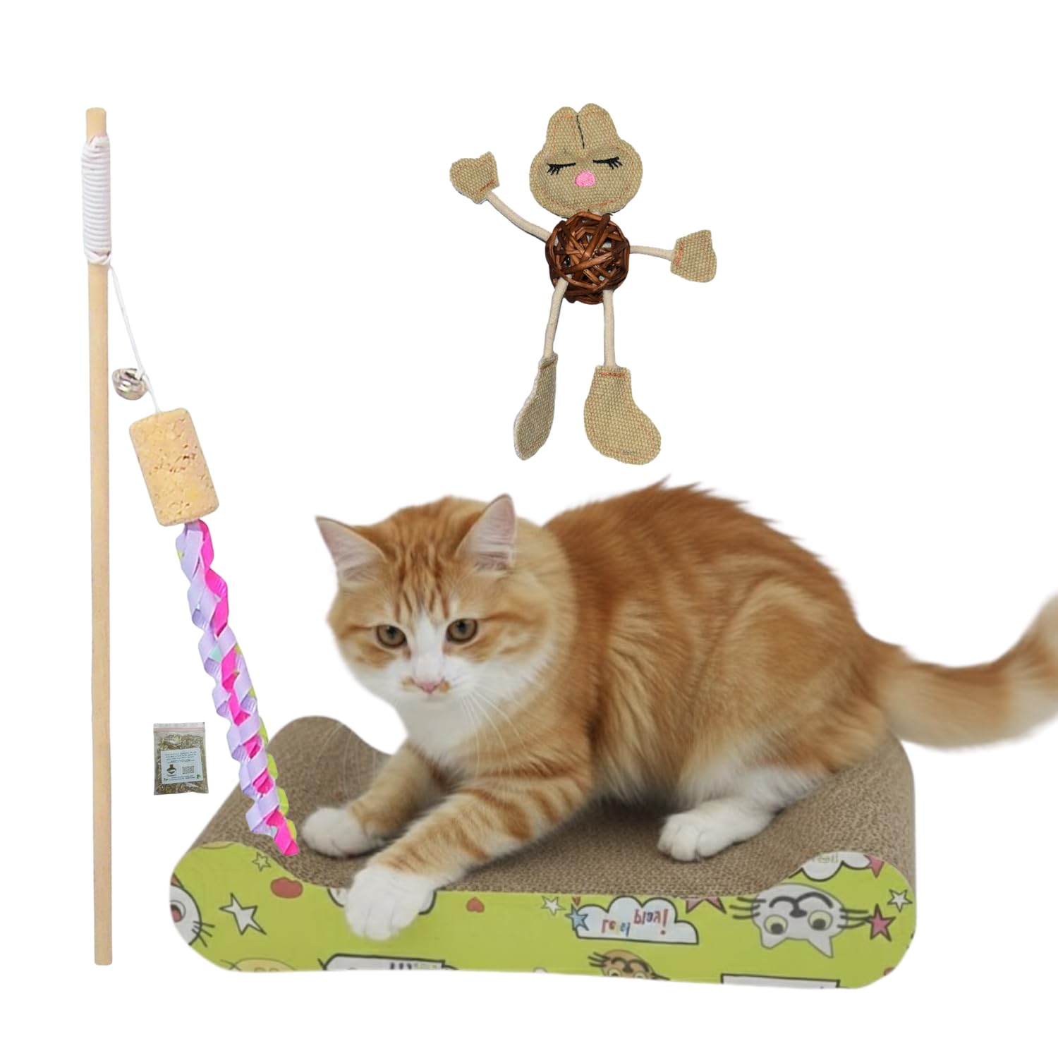 Emily Pets Cat Scratcher Board With Teaser Wand & Hanging Plush Toy | Corrugated Cardboard Scratch Pad For Cats | Stress Relief 