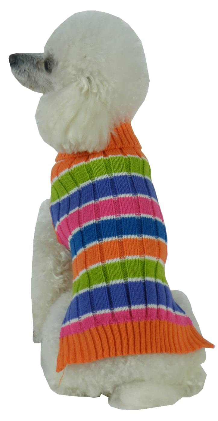 Pet Life ® Tutti-Beauty Rainbow Pet Sweater - Designer Heavy Cable Knitted Dog Sweater with Turtle Neck - Winter Dog Clothes Designed to Keep Warm