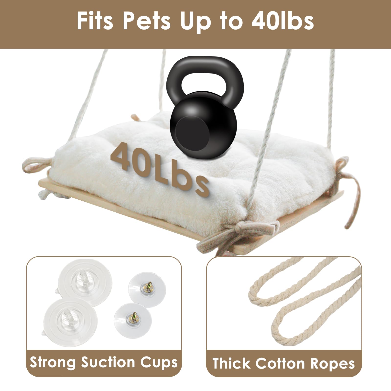 Devopet Cat Window Perch, Cat Hammock With Cushion Bed, Solid Wood Seat & Strong Suction Cups, Safety Window Bed For Indoor Cats