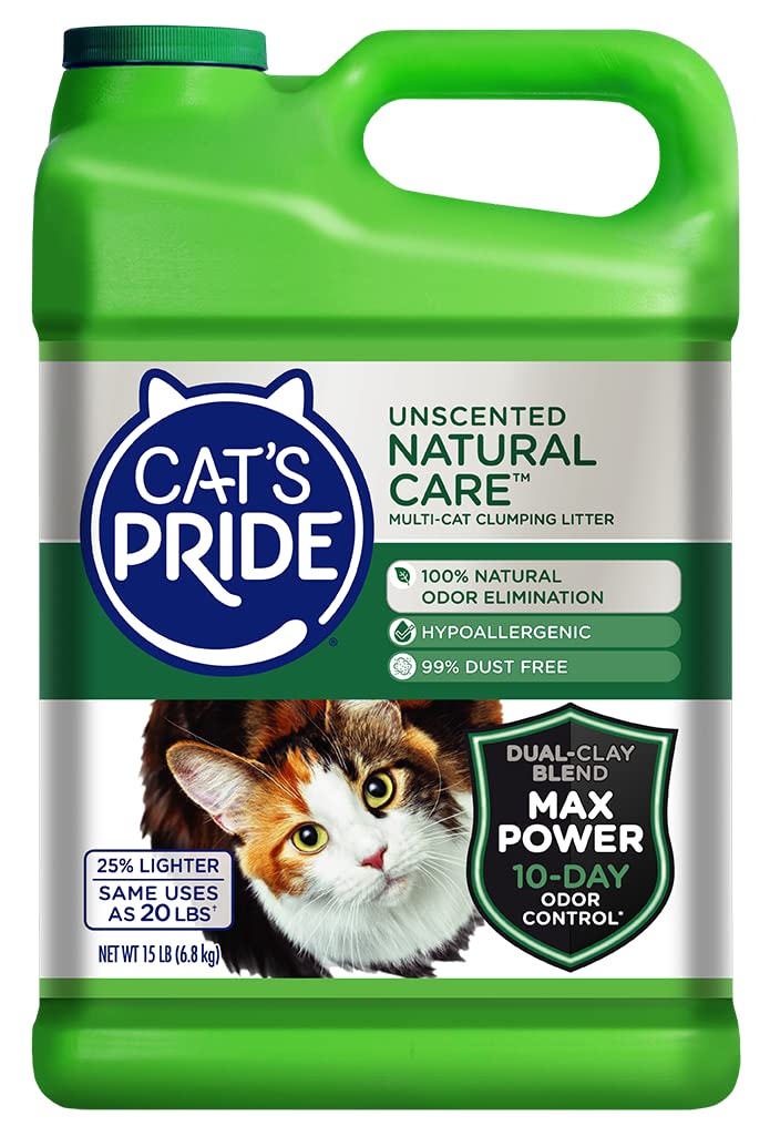 Cat'S Pride Max Power: Natural Care - Up To 10 Days Of Powerful Odor Control - 100% Natural Odor Elimination - Hypoallergenic - 99% Dust Free - Multi-Cat Clumping Litter, Unscented, 15 Pounds