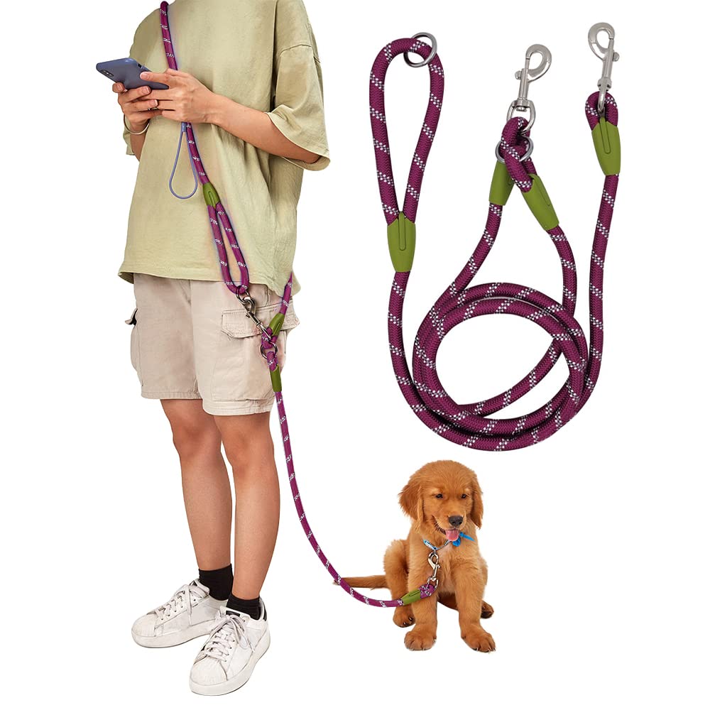 Pawstrip Hands Free Dog Leash Waist & Crossbody Rope With Slip Lead Durable For 2 Dogs Nylon Reflective Heavy Duty Hiking Bungee Leash For Small Large Dogs (Purple)