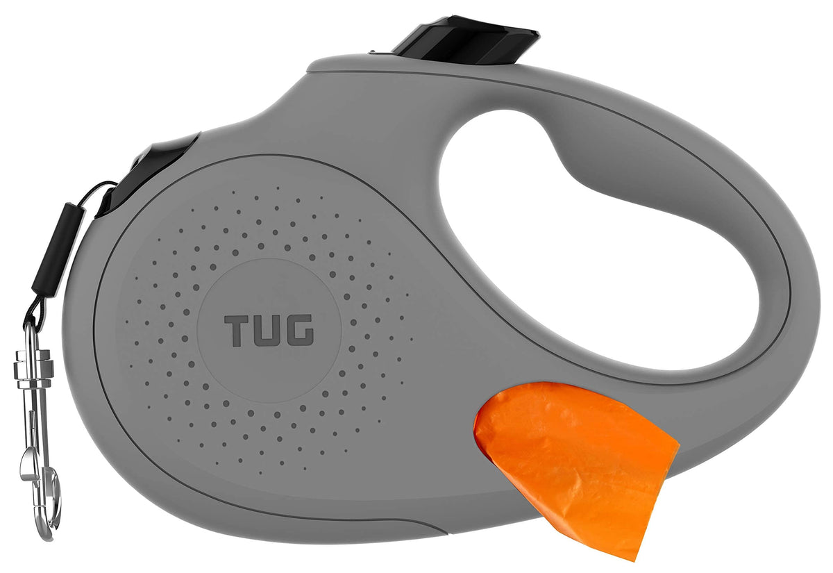 Tug Oval 360° Tangle-Free Retractable Dog Leash With Integrated Waste Bag Dispenser (Small, Grey)