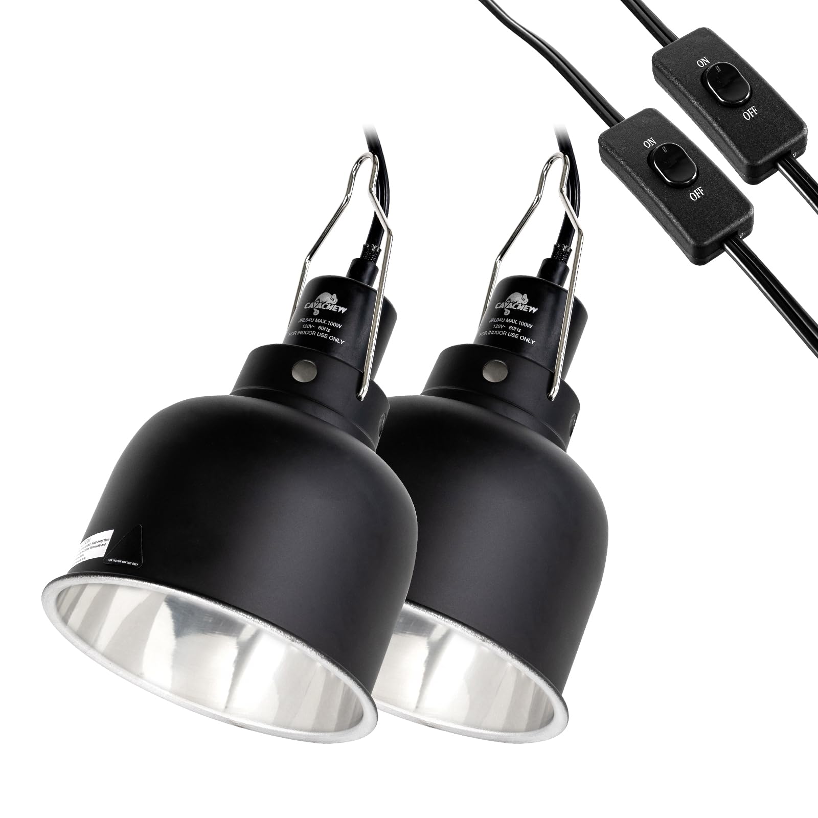 CAVACHEW 2 Pack Reptile Light Fixture, 5.5in Deep Dome Reptile Lamp Fixture, Optical Reflection Cover, Separate Switche & Hook, 