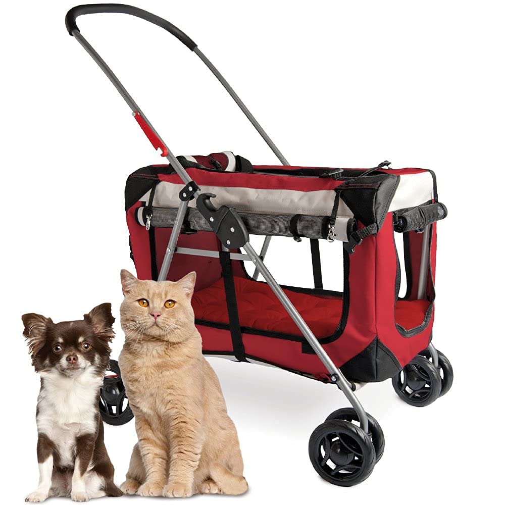 Petluv Pet Stroller, Fits 2 Cats, Small To Medium Dogs (10-45 Lbs), Red